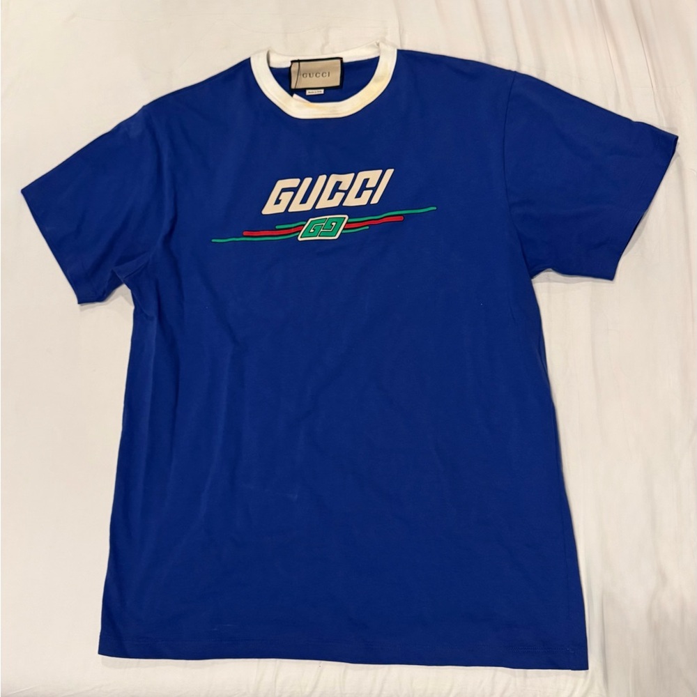 Gucci GG Logo Graphic Tee Blue - Size Small- Authentic - Collar Discoloration